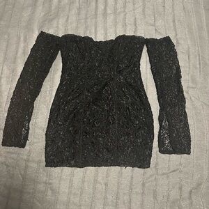 Black Lace Bardot Long Split Sleeve Bodycon Dress